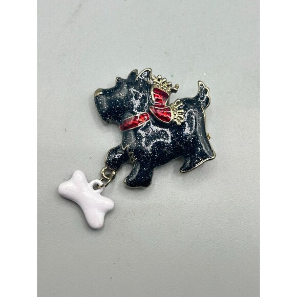 Vintage Enamel Scottie Scottish Terrier Dog Bone Brooch Pin Black Enamel Red Bow - Picture 2 of 5